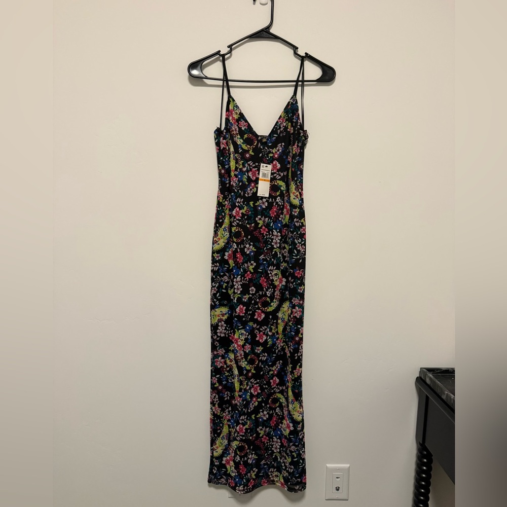 AFRM Black Floral Midi Dress with Pink & Green Accents